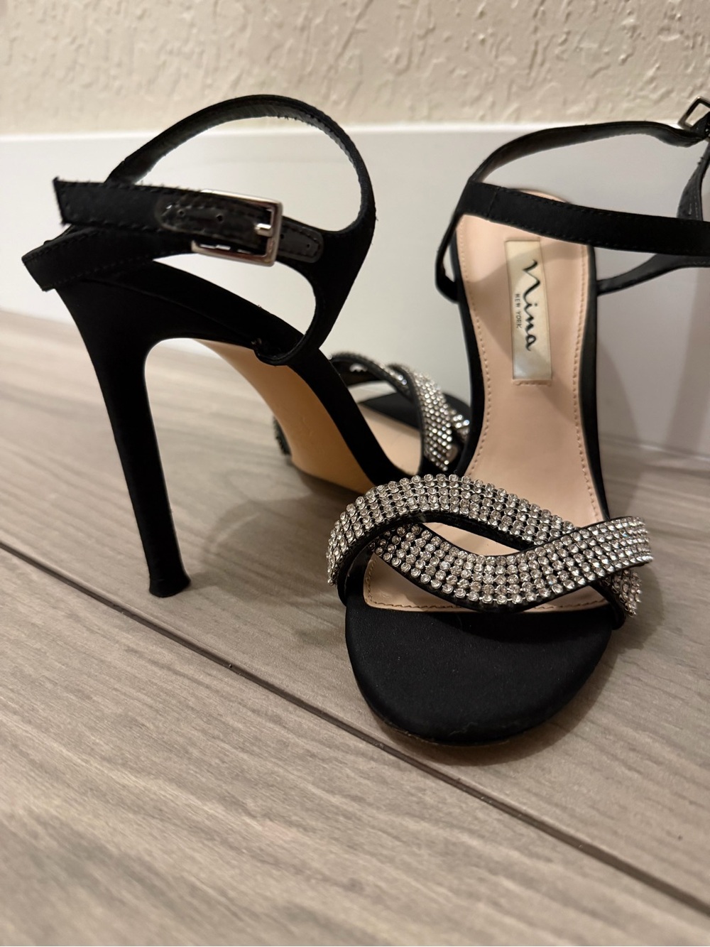 Nina Black Rhinestone Crisscross Strap Stiletto Sandals